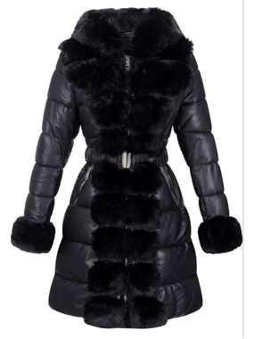 NEW Vegan Leather Winter Fur Lined Coat puffer Jacket Fur Trim Hooded M $140